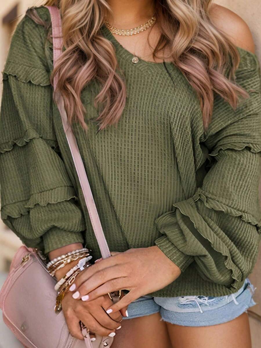 Women's V Neck Long Sleeve Blouse Loose Fit Ruffles Off Shoulder Knit Solid Tops T-Shirts - 軍綠色 - 查看 1