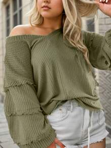 Women's V Neck Long Sleeve Blouse Loose Fit Ruffles Off Shoulder Knit Solid Tops T-Shirts - 軍綠色 - 查看 5