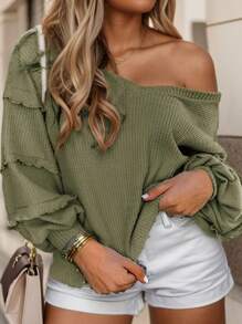 Women's V Neck Long Sleeve Blouse Loose Fit Ruffles Off Shoulder Knit Solid Tops T-Shirts - 軍綠色 - 查看 2