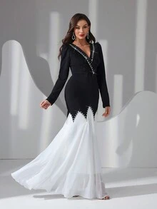 Women's Minimalist Black And White Long Feather & Rhinestone Decor Long Dress - Black and White - View 6
