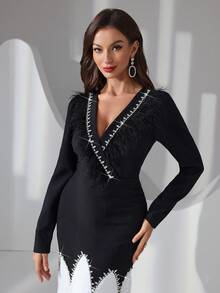Women's Minimalist Black And White Long Feather & Rhinestone Decor Long Dress - Black and White - View 4