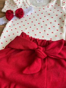 Baby Girl Set Bodysuit + Shorts + Headband - 紅白色 - 查看 2