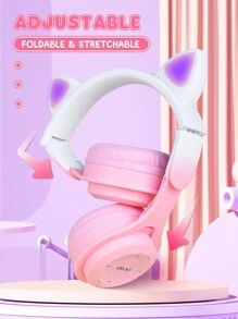 新款猫耳耳机无线耳机，渐变色可爱女士情人节、新年、圣诞节礼物，带卡槽和可折叠迷你马卡龙，节日礼物无线耳机 - 粉色 - 查看 9