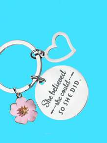 街头女性励志不锈钢钥匙扣，带花朵、空心心形吊坠和雕刻短语“她相信她可以，所以她做到了”，适合女儿、朋友的生日礼物，经典款式钥匙扣，情人节汽车配件，书包饰品，学校背包，万圣节配件，教师节，圣诞节礼物创意 - 銀色 - 查看 4