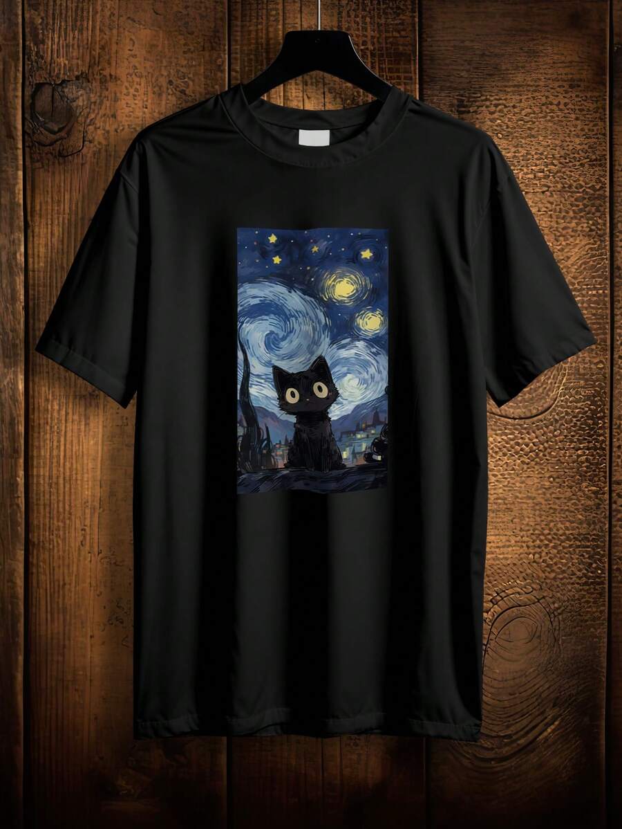 T-Shirt Gothic Shirt Cat Starry Night Ref 2037 VEST NERD - 黑色 - 查看 1