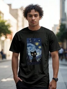 T-Shirt Gothic Shirt Cat Starry Night Ref 2037 VEST NERD - 黑色 - 查看 3