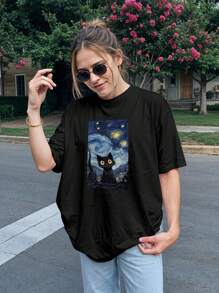 T-Shirt Gothic Shirt Cat Starry Night Ref 2037 VEST NERD - 黑色 - 查看 5