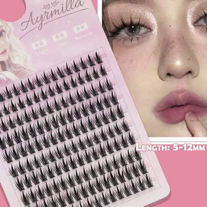 10排5-12毫米160簇自然交叉假睫毛，适合婚礼、派对、夜店、日常工作会议等场合，佩戴舒适，轻盈飘逸，适合新手，易于卷翘和定型。单簇设计，适合眼袋较重的人士，自然轻盈，可爱恶魔卡通风格，可卷翘。睫毛簇，单根睫毛，假睫毛