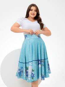 Sky Blue Floral Printed Midi Godet SKIRT Evangelical Christian Women's Fashion - Baby Blue - View 4