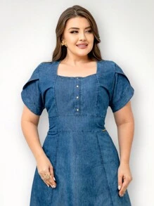 Flared Midi Jeans Dress - 藍色 - 查看 4