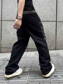 1pc American Streetwear Spider Web Embroidery Baggy Jeans For Men, For Halloween - Black - View 4