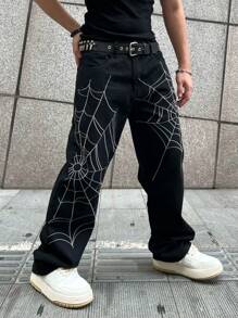 1pc American Streetwear Spider Web Embroidery Baggy Jeans For Men, For Halloween - Black - View 1