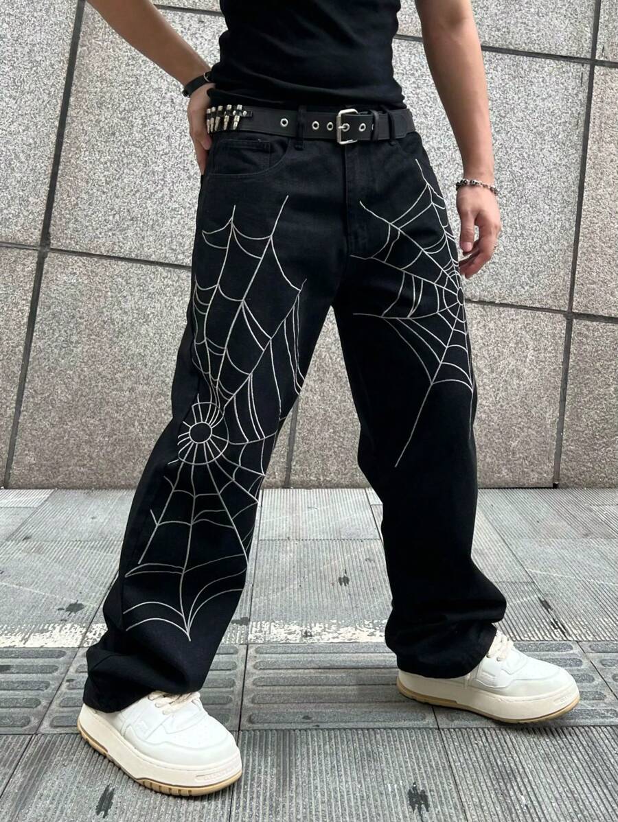 1pc American Streetwear Spider Web Embroidery Baggy Jeans For Men, For Halloween - Black - View 1