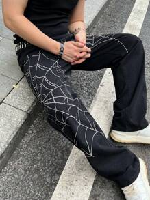 1pc American Streetwear Spider Web Embroidery Baggy Jeans For Men, For Halloween - Black - View 5