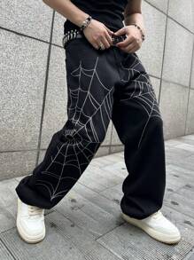 1pc American Streetwear Spider Web Embroidery Baggy Jeans For Men, For Halloween - Black - View 2