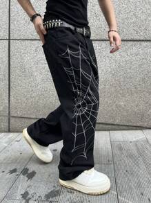 1pc American Streetwear Spider Web Embroidery Baggy Jeans For Men, For Halloween - Black - View 6