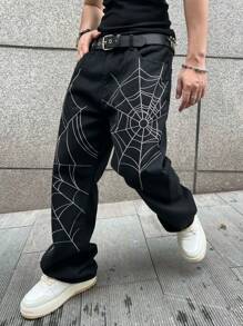 1pc American Streetwear Spider Web Embroidery Baggy Jeans For Men, For Halloween - Black - View 7