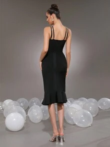 New Sexy Spaghetti Strap Rhinestone Embellished Black Midi Fishtail Dress, Fashion Women's Party Holiday Dress - Black - View 8