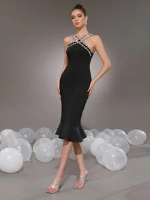 New Sexy Spaghetti Strap Rhinestone Embellished Black Midi Fishtail Dress, Fashion Women's Party Holiday Dress - Black - View 7