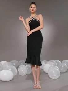 New Sexy Spaghetti Strap Rhinestone Embellished Black Midi Fishtail Dress, Fashion Women's Party Holiday Dress - Black - View 5