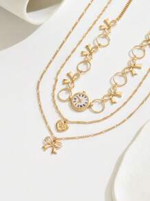 1 件多层项链，带心形、蝴蝶结、蝴蝶吊坠和丝带，复古风格，适合女性，日常佩戴，情人节礼物，情人节，妈妈，母亲，母亲节，礼物 - 多層項鍊 - 查看 3