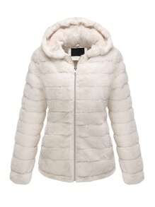 Women Faux Fur Coat Fleece Fuzzy Hooded Fluffy Shearling Sherpa-Lined Jacket - Màu be - Xem 2