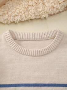 Young Boy Striped Pattern Crew Neck Long Sleeve Knit Pullover Sweater - Apricot - View 3