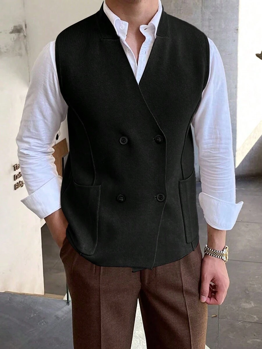 Men's V-Neck Sleeveless Solid Color Patchwork Pocket Double Breasted Sweater Vest - Black - View 1