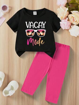 2 件装女婴休闲字母和眼镜印花短袖 T 恤和裤子套装，春秋装
