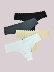 4 piezas Tanga elástico y sin costuras de unicolor para mujer, ropa interior respirable de talle bajo a rayas