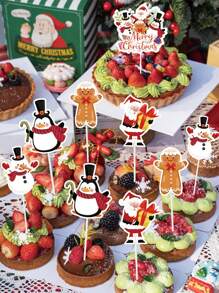 15件套圣诞快乐企鹅、雪人、圣诞老人、姜饼风格蛋糕装饰，DIY蛋糕托盘，适用于圣诞节装饰、生日、新娘送礼会、节日、家庭聚会、派对桌面蛋糕DIY装饰、蛋糕衬垫、食品托盘、圣诞装饰品、万圣节、万圣节装饰品 - 聖誕老人企鵝 - 查看 2