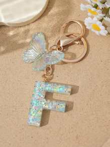 1pc Creative Keychain With Letter Stone Resin Pendant, Butterfly Tassel Letter Charm Keyring For Girls - White - View 24