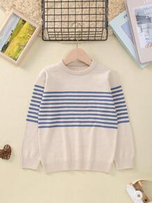Young Boy Striped Pattern Crew Neck Long Sleeve Knit Pullover Sweater - Apricot - View 1