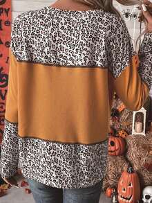 Plus Size Fashion Leopard Print Color Block Long Sleeve T-Shirt - Yellow - View 2