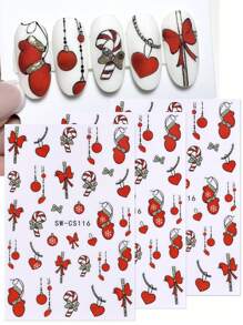 红色银色3D圣诞美甲贴纸3件套，全息闪光蝴蝶结吸管心形项链手套灯球雪花拐杖糖设计DIY冬季圣诞自粘凝胶指甲油沙龙美甲贴纸滑块美甲艺术装饰美甲用品美甲 - 彩色 - 查看 7