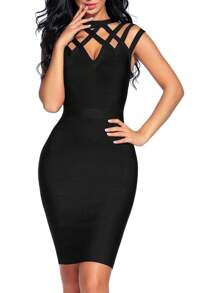 Women's Hollow Out Bandage Party Dress Sleeveless High Neck Bodycon Dresses Club - 黑色 - 查看 5