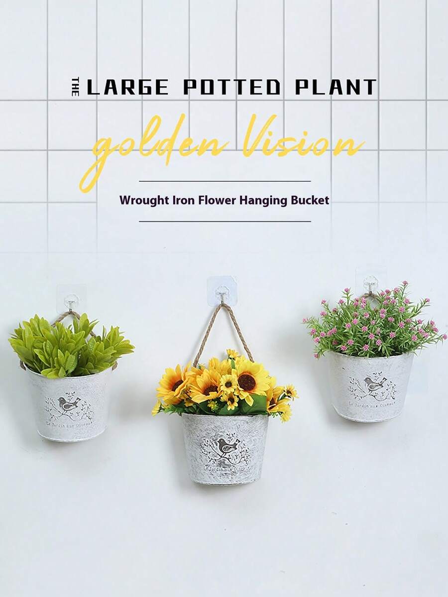 美式田园铁艺壁挂花盆植物种植盆栽壁挂花墙创意装饰干花吊盆,花瓶,花盆,桌面摆件复古做旧花篮,花盆,花蕾花瓶 - 小鳥半圓壁掛掛繩款 - 查看 1