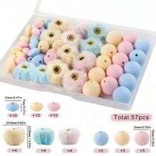全新57pcs/箱毛絨覆蓋的球形小圓鏤空珠子套裝包，適用於首飾手工製作DIY毛球吊墜項鍊耳環 - 顏色2 - 查看 4