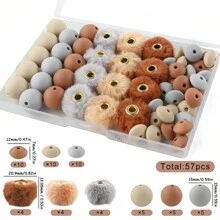 全新57pcs/箱毛絨覆蓋的球形小圓鏤空珠子套裝包，適用於首飾手工製作DIY毛球吊墜項鍊耳環 - 顏色2 - 查看 7