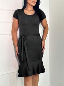 WOMEN'S EVANGELICAL RIBBED DRESS WITH RUFFLES AT THE HEM AND BOW DETAIL, MIDI - Black - View 2