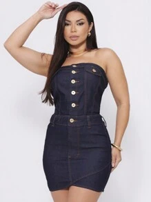 Short Strapless Denim Dress With Lycra - 深色水洗藍 - 查看 1