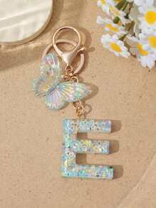 1pc Creative Keychain With Letter Stone Resin Pendant, Butterfly Tassel Letter Charm Keyring For Girls - White - View 29