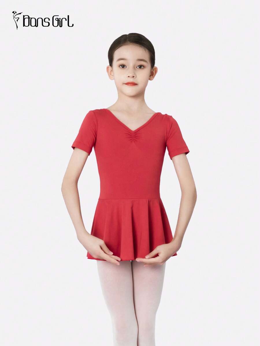 DonsGirl 1 件装年轻女孩芭蕾舞紧身衣带裙（开裆带扣设计） - 紅色 - 查看 1