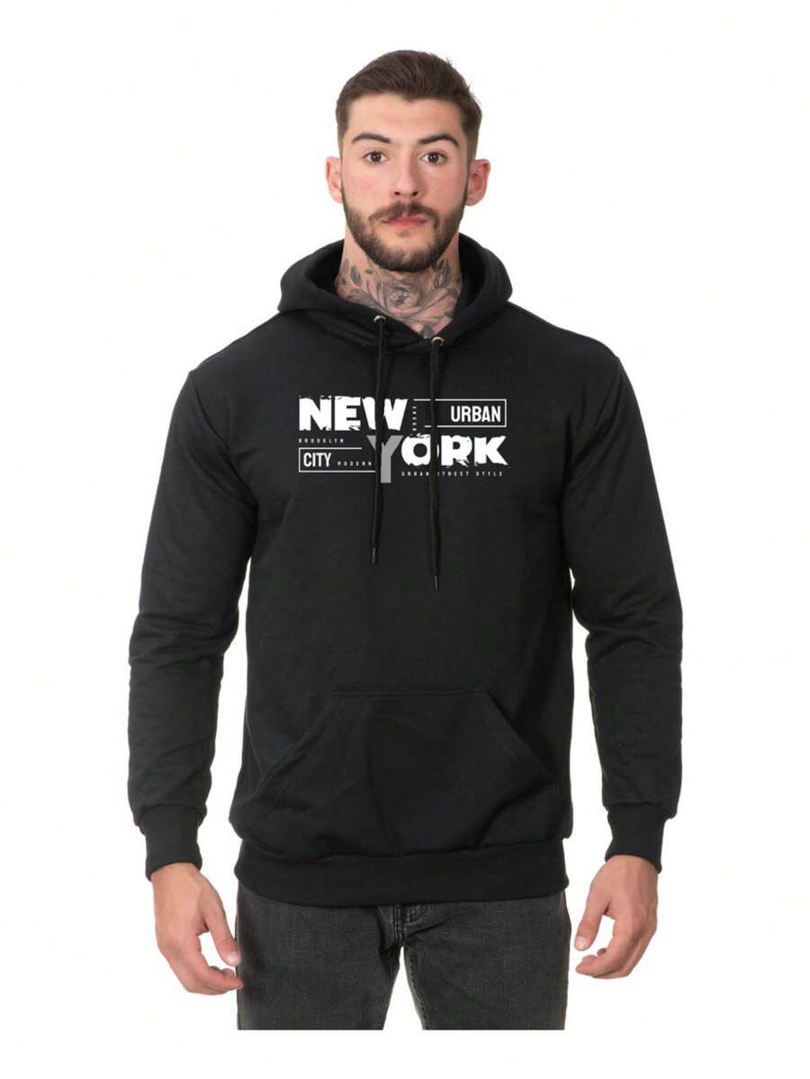Men's Sweatshirt Kangaroo Cold Weather Top New York Urban - màu đen - Xem 1