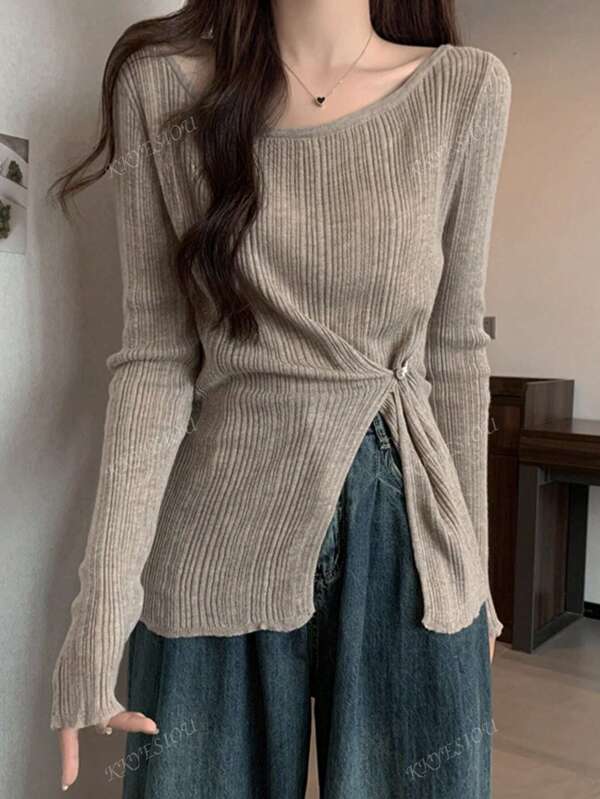 Unique Design Sexy Off Shoulder Knit Top With Waist Cinching And Side Slit, Casual