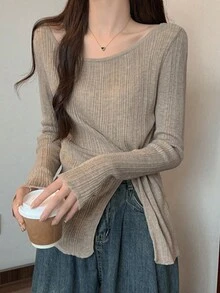 时尚性感露肩针织毛衣，收腰设计，侧开衩，女士款 - 咖啡棕 - 查看 3