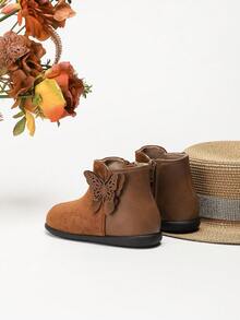 女童儿童踝靴，时尚休闲可爱纯色侧拉链轻便防滑短靴秋冬 - 棕色 - 查看 3