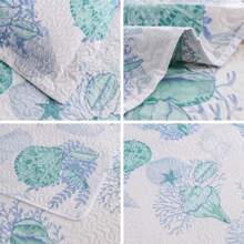 3Pcs Summer Beach Bedspreads Set King Queen Twin Size Lightweight Coastal Ocean Theme Quilts Seashell Conch Coverlet Sets Starfish Seahorse Seaweed Printed Bedding Pillow Shams - 藍色 綠色 白色 - 查看 5