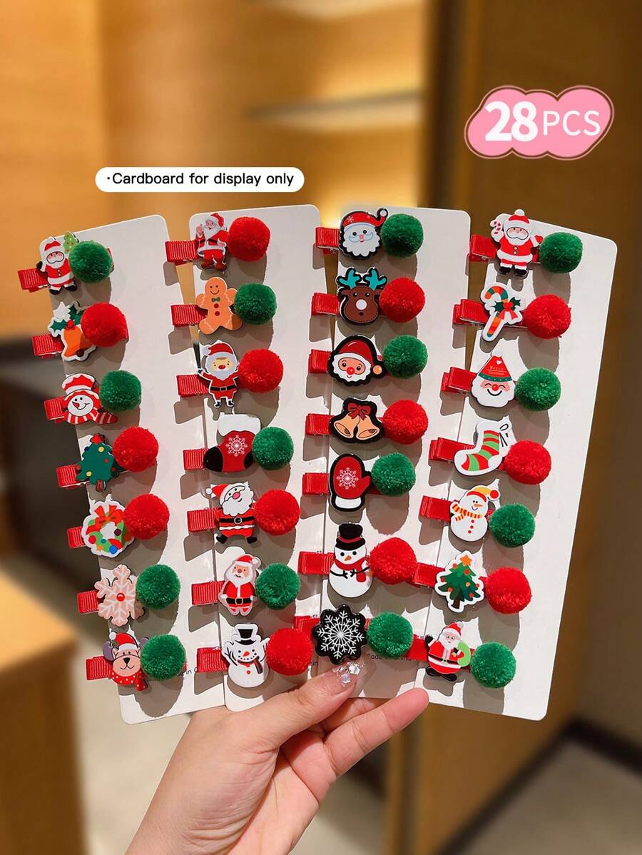 7/14/21 件儿童圣诞发夹，配可爱毛绒球 - 彩色 - 查看 1