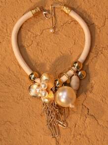 1 件金属花朵和人造珍珠装饰流苏链项链，奢华魅力，适合日常和正式场合，情人节礼物 - 白色 - 查看 3